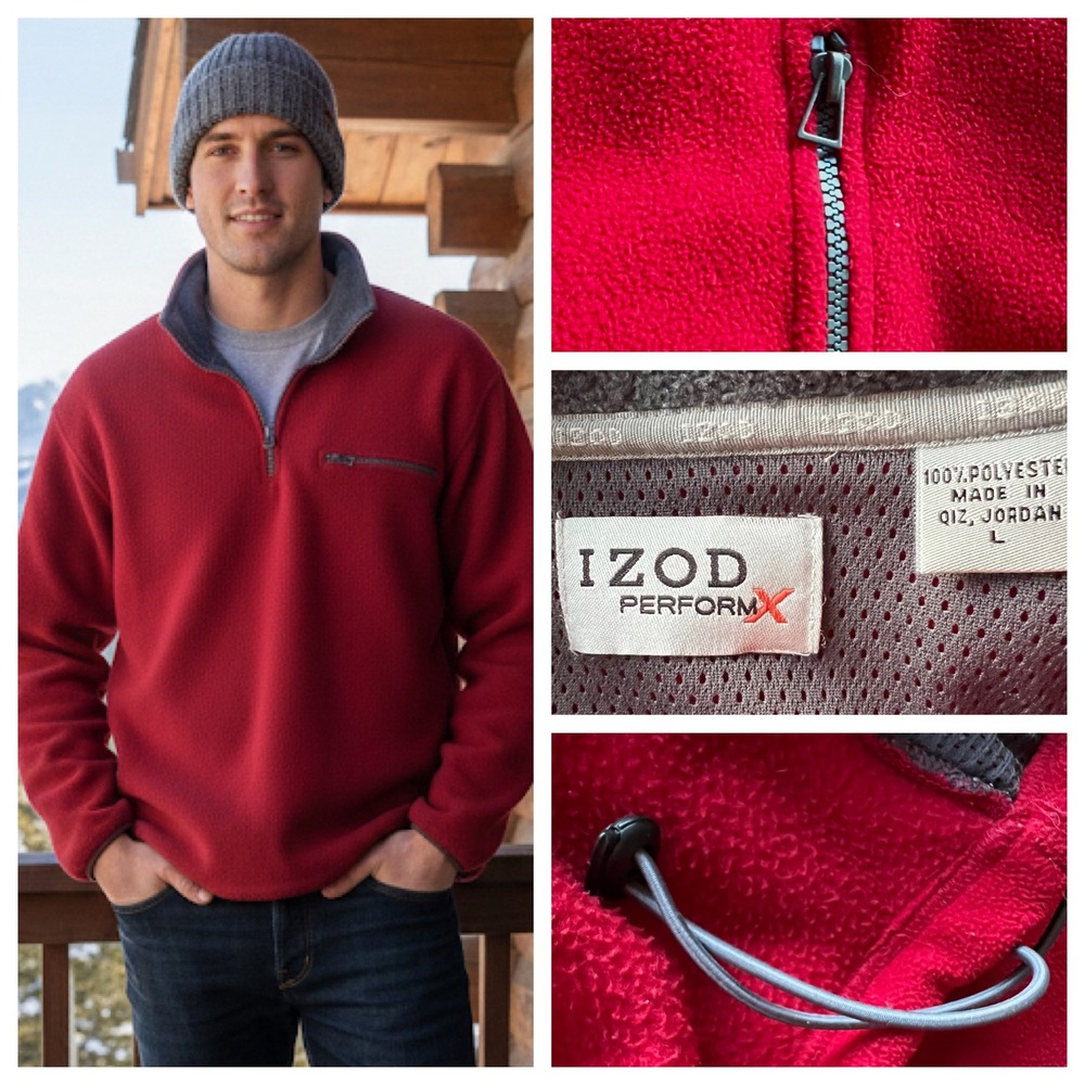 Vintage 90's IZOD PerformX Red Fleece‎ Sweater Men's Quarter Zip Large Gorpcore